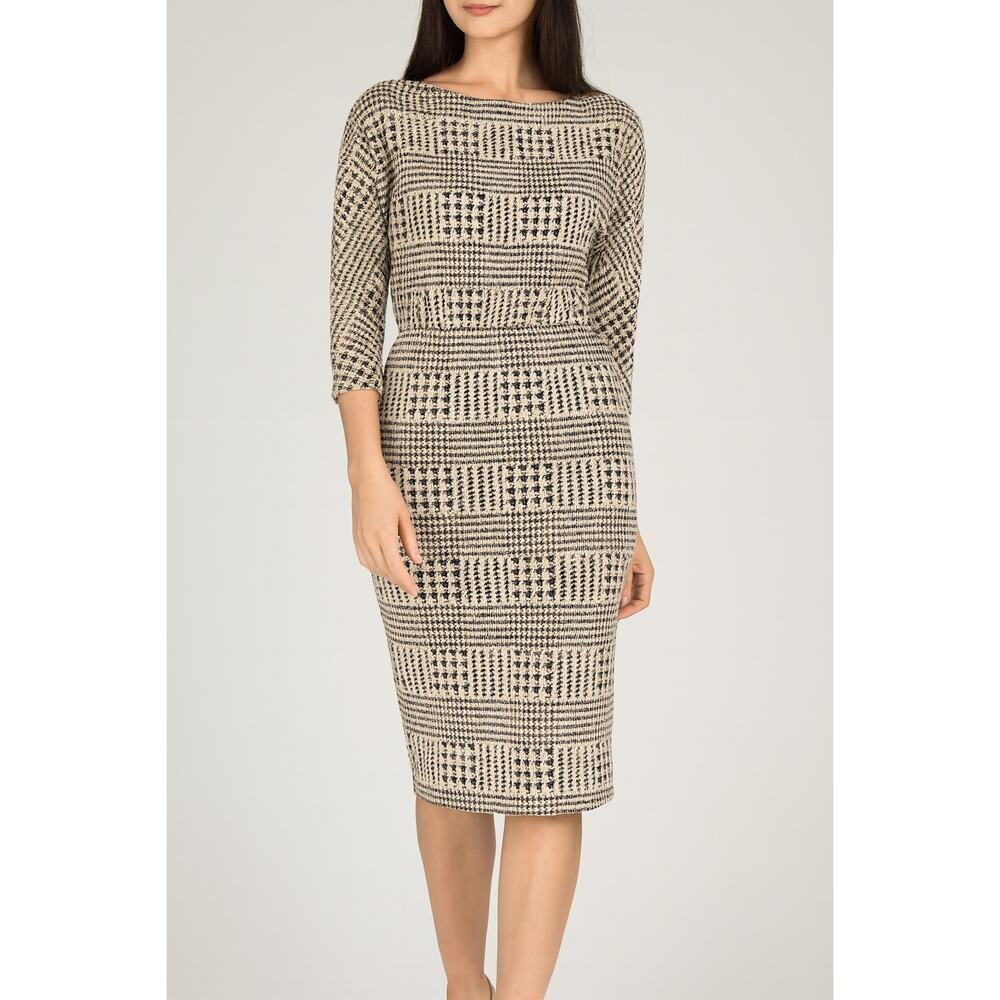 Badgley Mischka Houndstooth Midi Dress Plaid Boat Neck 3/4 Sleeve Shift Sparkle